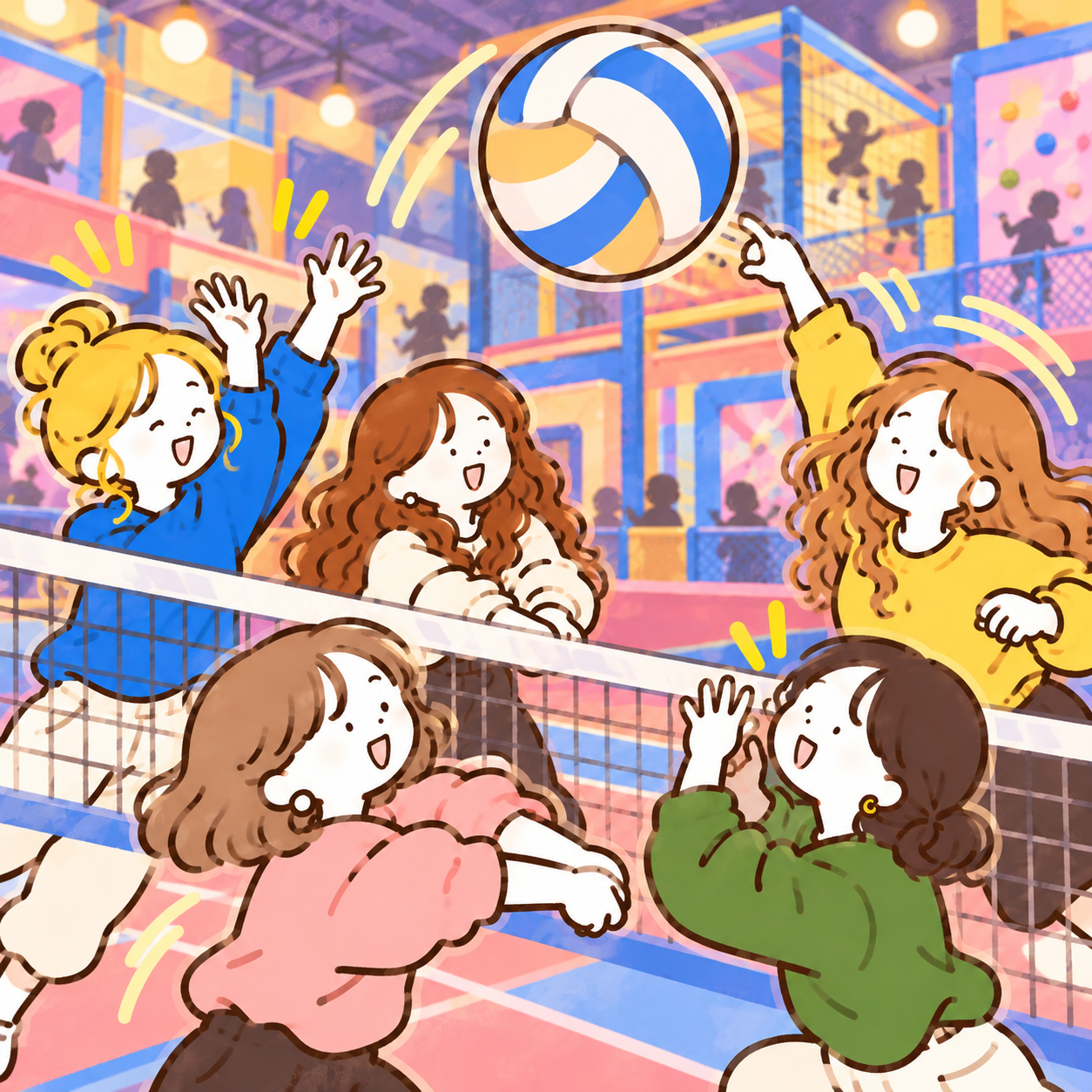 Five friends playing with a giant volleyball at an indoor sports facility