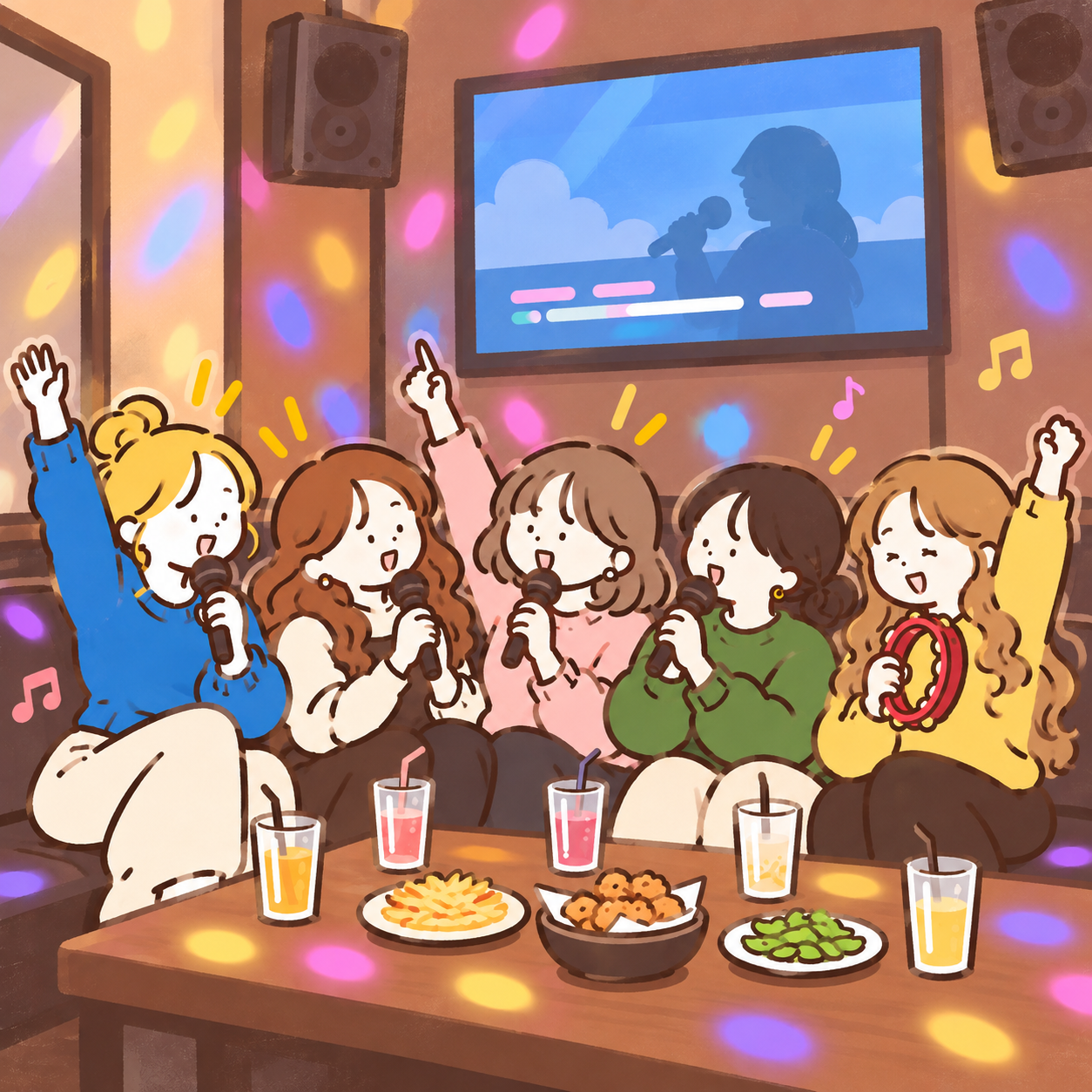 Five friends singing karaoke together