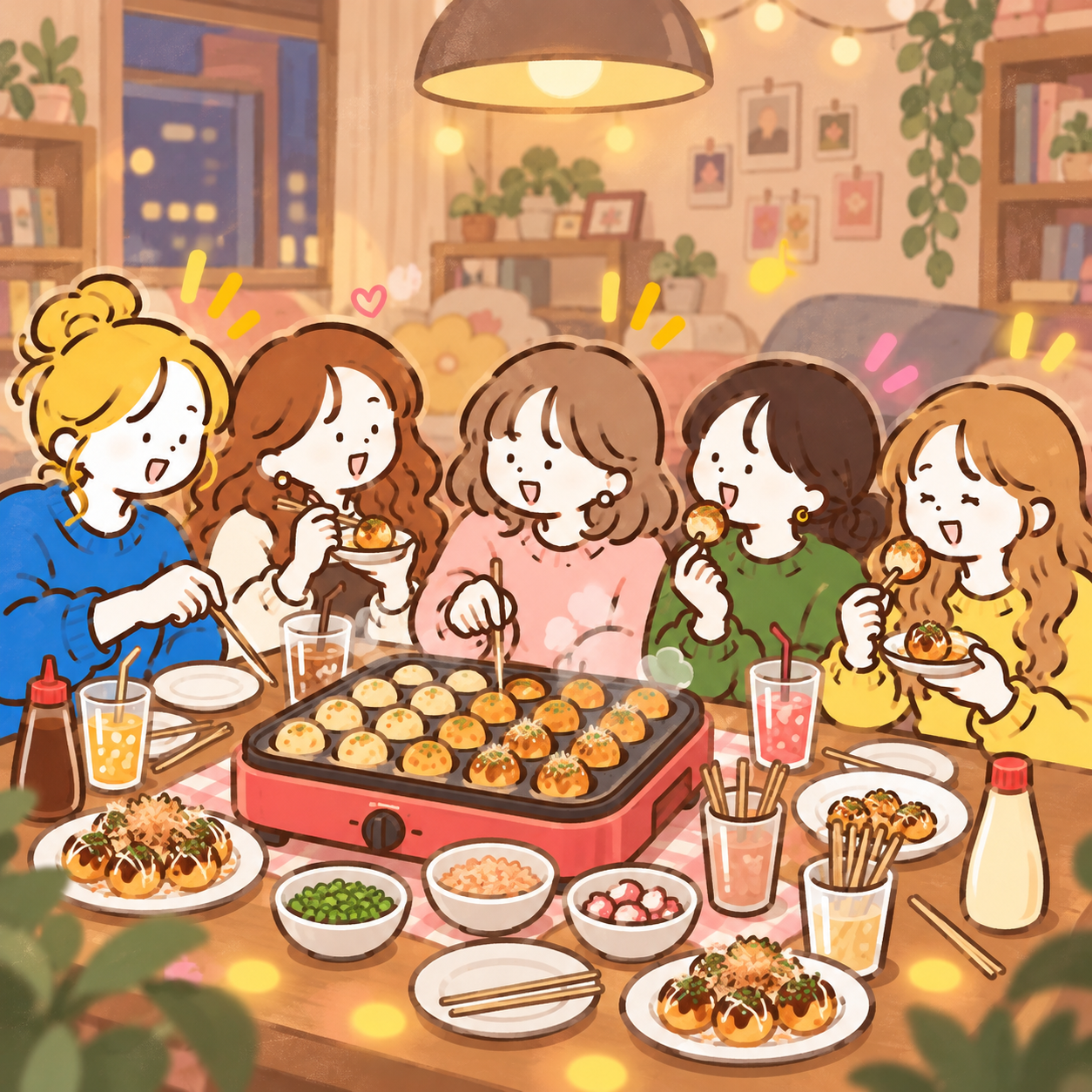 Five friends making takoyaki together
