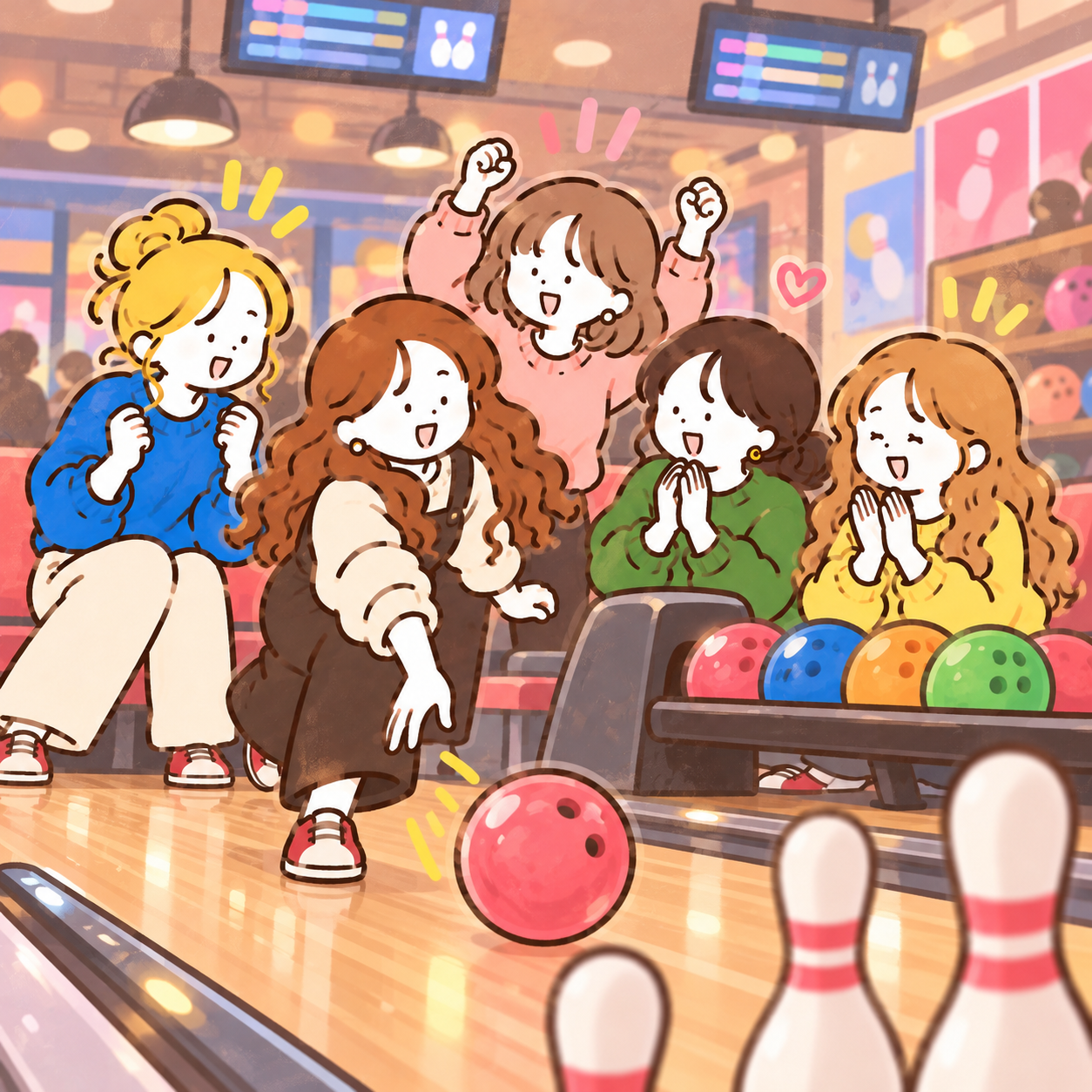 Five friends enjoying a bowling game