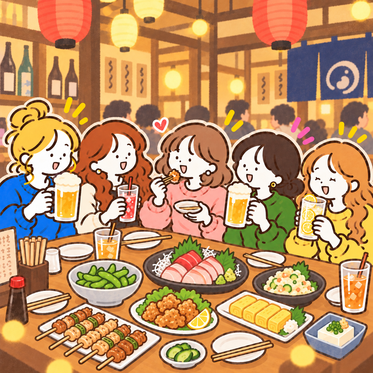 Five friends enjoying food and drinks in a Japanese izakaya